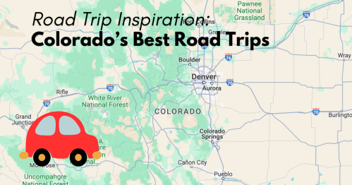 Map of Colorado highlighting scenic road trip routes with a red car icon.