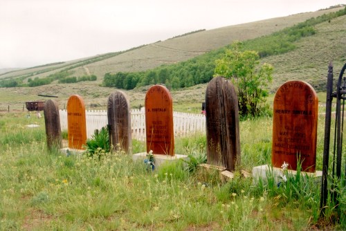 Five weathered gravestones in a grassy field, with rolling hills and trees in the background, under a cloudy sky.