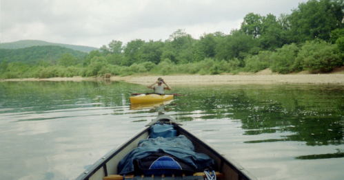 A person paddles a yellow canoe on calm water, with lush greenery and a sandy shore in the background.