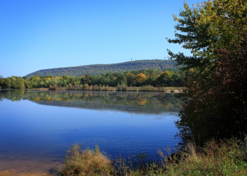 A serene lake reflects a clear blue sky and a distant mountain, surrounded by colorful autumn foliage.