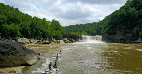 A group of paddleboarders on a river near a waterfall, surrounded by lush green trees and rocky terrain.