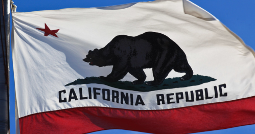 California state flag featuring a bear, a red star, and the words "California Republic" on a white background.