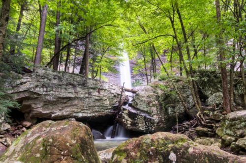 A serene waterfall cascades through lush green trees and rocky terrain in a tranquil forest setting.