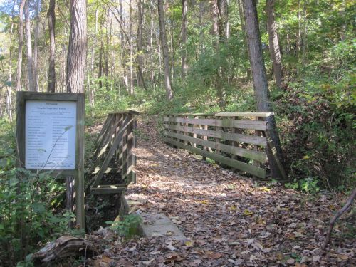 A wooden bridge over a small path in a forest, with a signpost nearby surrounded by trees and fallen leaves.
