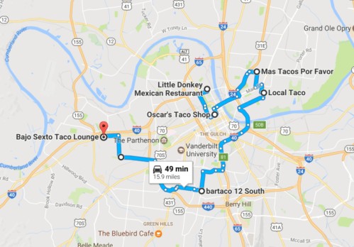 Map showing a route with multiple taco restaurants in Nashville, TN, including Bajo Sexto Taco Lounge and bartaco 12 South.