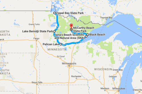 Map showing locations of McCarthy Beach State Park, Zippel Bay State Park, and nearby natural areas in Minnesota.