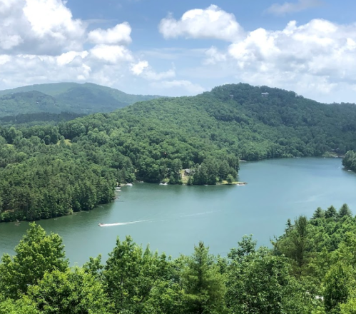 A scenic view of a lush green landscape with a lake and mountains under a partly cloudy sky.