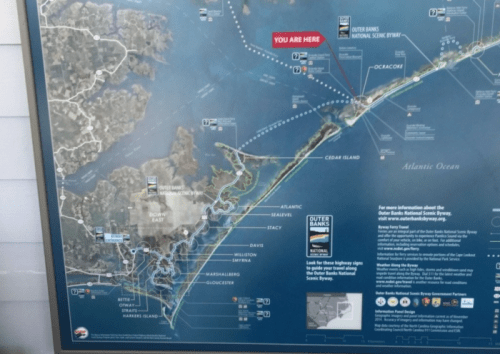 Map of the Outer Banks, highlighting scenic routes and locations, with a "You Are Here" marker.