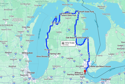 Map showing a route through Michigan, highlighting parks and beaches, with a total distance of 746 miles.