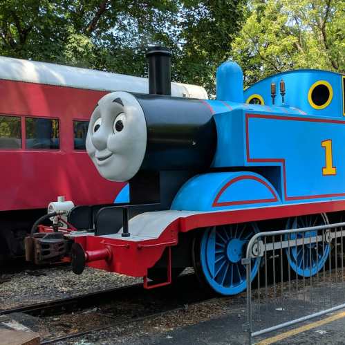 A blue steam engine with a smiling face, parked next to a red train car in a green, wooded area.