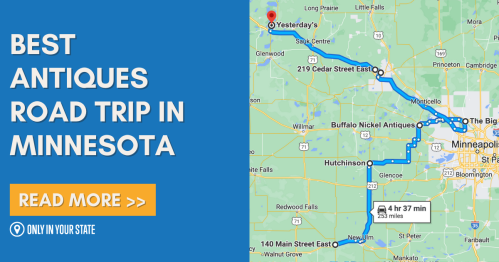 Map highlighting the best antiques road trip in Minnesota, featuring key locations and estimated travel time.