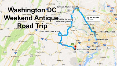 Map showing a weekend antique road trip route from Washington, DC, with key locations and travel time indicated.
