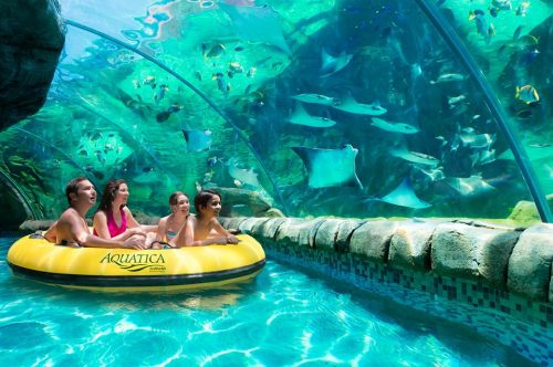 Four children in a yellow raft enjoy an underwater view of fish and rays at an aquarium.