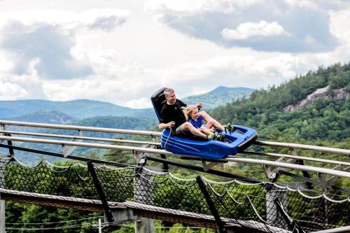 A man and a child enjoy a thrilling ride on a roller coaster with mountains in the background.