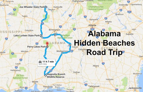 Map of a road trip through Alabama, highlighting hidden beaches and parks, with a total distance of 605 miles.