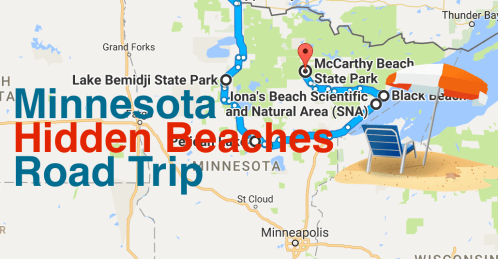 Map highlighting a road trip to hidden beaches in Minnesota, featuring McCarthy Beach State Park and nearby attractions.
