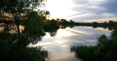 A serene lake at sunset, reflecting trees and colorful clouds in the calm water.