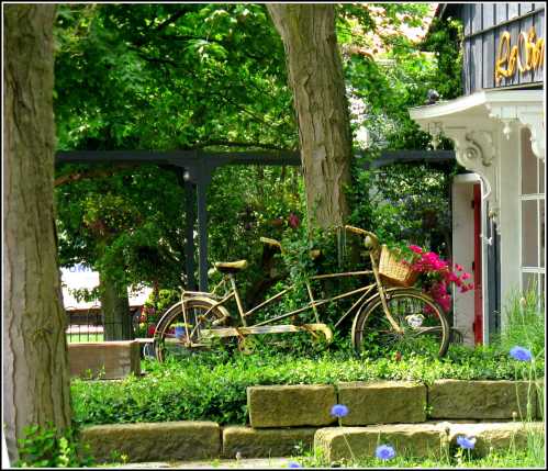 A vintage bicycle with a basket rests among lush greenery and colorful flowers near a charming building.