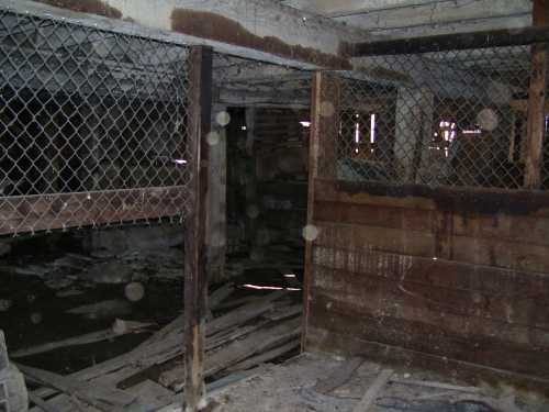 An abandoned, dimly lit interior with wooden beams, debris, and a chain-link fence. Dust particles are visible in the air.