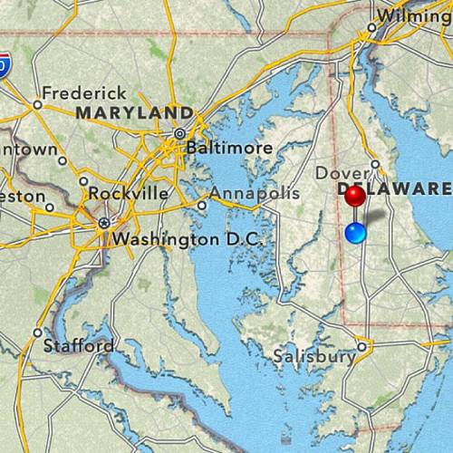 Map showing Maryland and Delaware, highlighting Dover and nearby cities like Baltimore and Washington D.C.