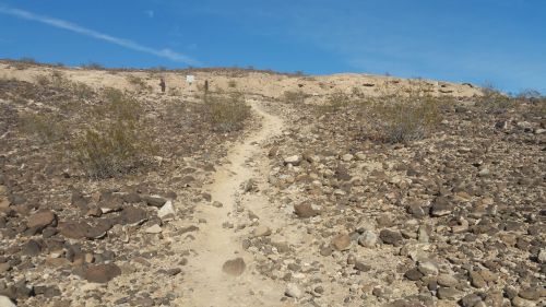 A rocky trail leads up a hill, surrounded by sparse vegetation under a clear blue sky.