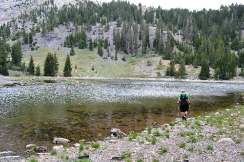 A hiker walks along the shore of a serene lake surrounded by lush green trees and mountains.