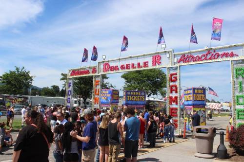 A lively fair entrance with colorful signs, flags, and a crowd waiting to enter attractions and games.