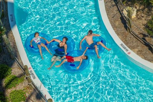 Aerial view of four people floating on inner tubes in a clear blue pool, surrounded by greenery.