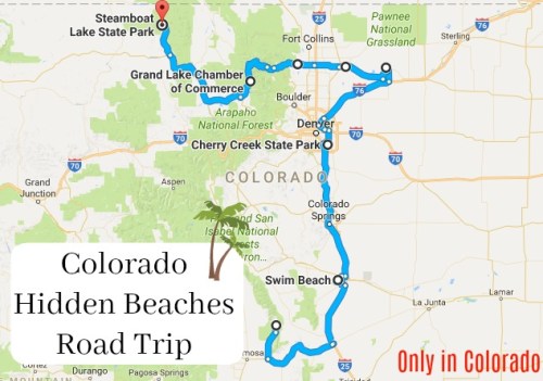 Map of Colorado highlighting a road trip route to hidden beaches, including Steamboat Lake State Park and Swim Beach.