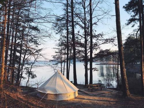 A tent by a calm lake surrounded by tall trees, with a picnic table nearby and a serene sunset in the background.