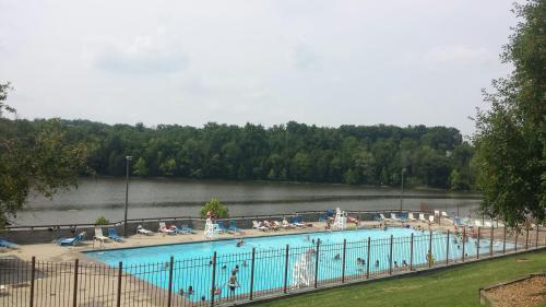 A swimming pool surrounded by trees, with people enjoying the water and a lake in the background under a cloudy sky.