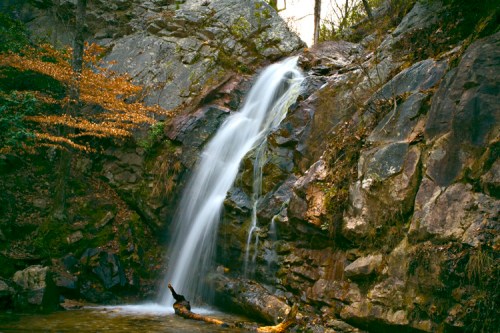 A serene waterfall cascading over rocky terrain, surrounded by autumn foliage and a tranquil pool below.