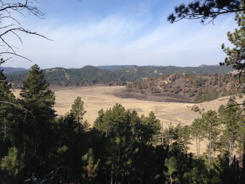 A scenic view of a dry valley surrounded by trees and mountains under a clear blue sky.