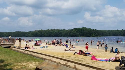 A crowded beach scene with people swimming, sunbathing, and relaxing by a lake under a partly cloudy sky.