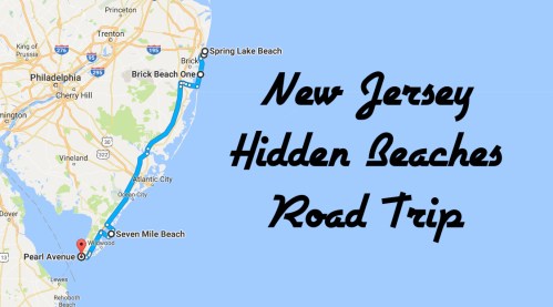 Map highlighting a road trip route to hidden beaches in New Jersey, featuring locations like Spring Lake and Seven Mile Beach.