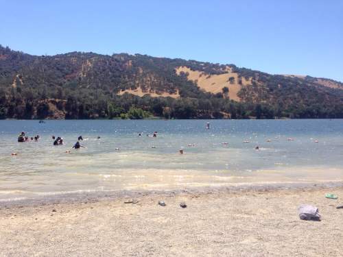 A sunny beach scene with people swimming in a lake, surrounded by hills and trees. Clear blue sky above.