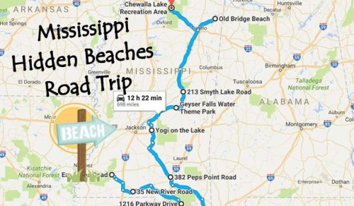 Map highlighting a road trip route to hidden beaches in Mississippi, featuring key stops and attractions along the way.