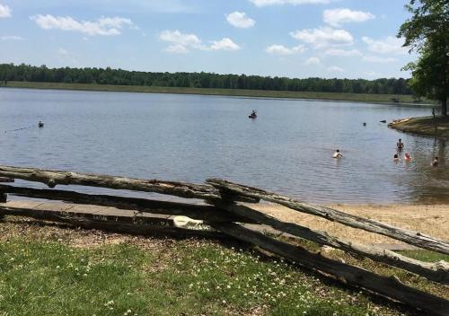 A serene lake scene with people swimming and a wooden fence in the foreground, surrounded by trees and blue skies.