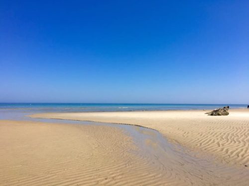 A serene beach scene with golden sand, gentle waves, and a clear blue sky.