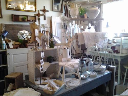 A cozy vintage shop display featuring various decorative items, plants, and rustic furniture on a wooden table.
