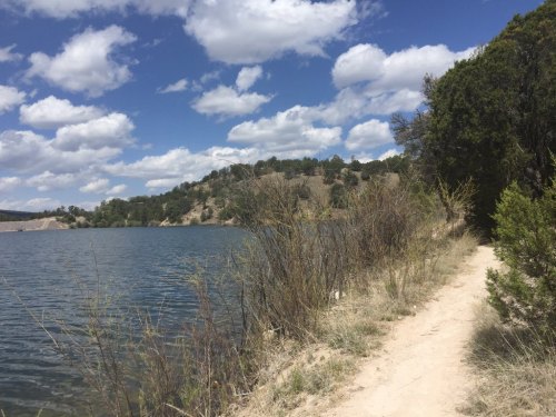 A serene lakeside view with a sandy path, surrounded by greenery and fluffy clouds in a blue sky.