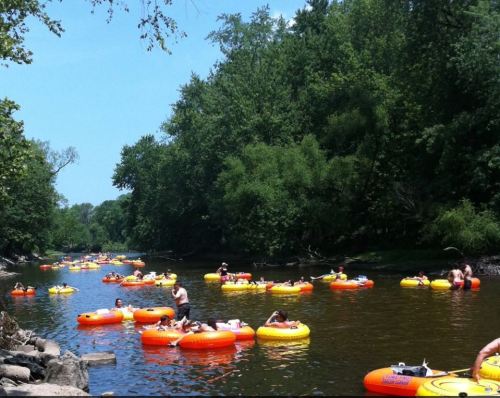 People floating on colorful inner tubes in a river surrounded by lush green trees on a sunny day.