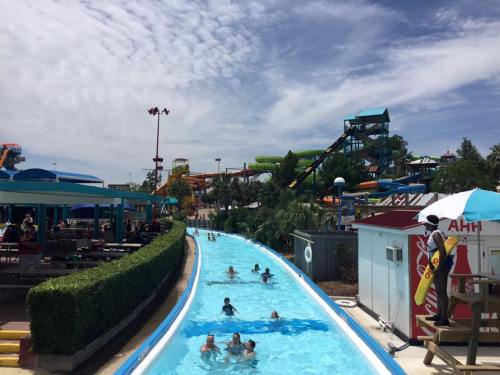 A water park scene featuring a lazy river with people floating, surrounded by slides and lush greenery under a blue sky.