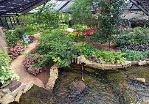 Lush indoor garden with vibrant plants, a winding path, and a small stream surrounded by greenery.