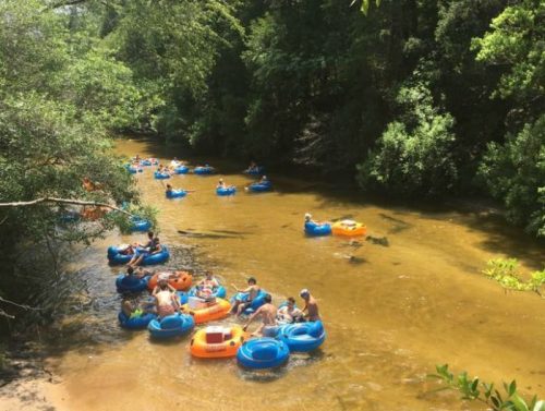 People floating on colorful inner tubes in a calm river surrounded by lush greenery.