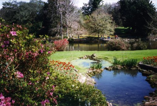 A serene garden scene featuring colorful flowers, a pond, and people walking along the water's edge.