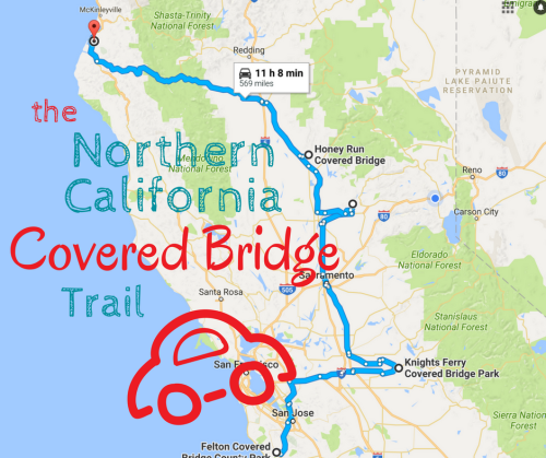 Map of the Northern California Covered Bridge Trail, showing routes and locations of various covered bridges.