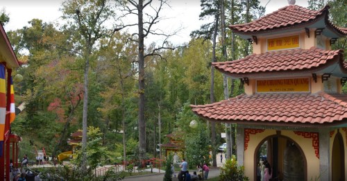 A serene park scene featuring a traditional pagoda surrounded by lush trees and visitors enjoying the outdoors.
