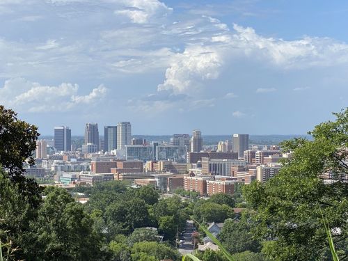 A panoramic view of a city skyline with tall buildings, greenery in the foreground, and a blue sky with clouds.