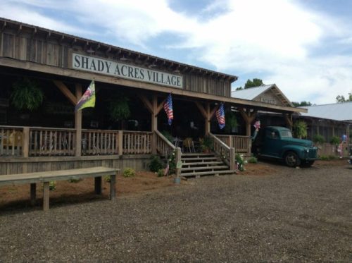 A rustic village with wooden buildings, a vintage truck, and flags, set in a gravel area under a cloudy sky.
